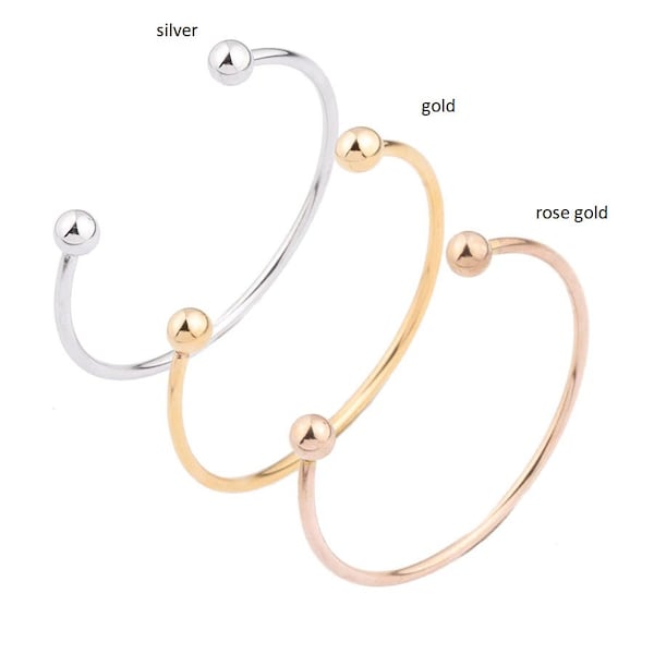 Silver Gold or Rose Gold  finish stainless steel open flexible bangle bracelet with removable end cap beads  design European style jewelry