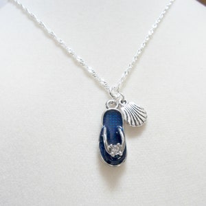 Flip flip and shell charms necklace on silver plated twisted curb chain, summer theme, ocean theme, summer jewelry,