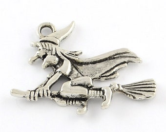Flying Witch Charm: Antique Silver Zinc Alloy Pendant (1.5 Inch)