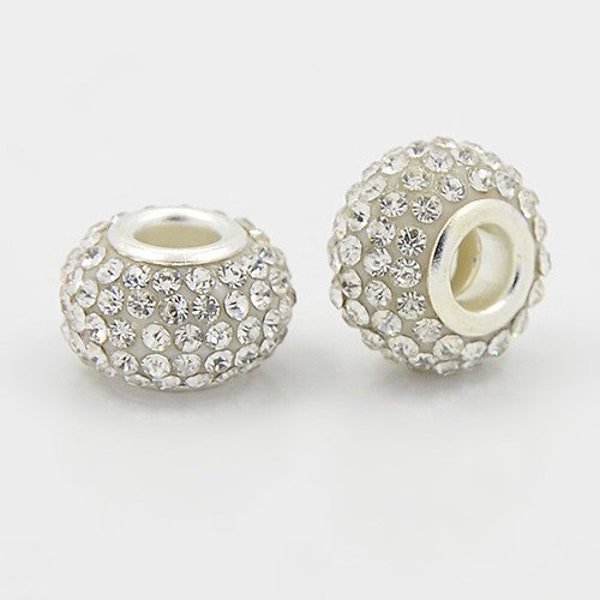 Grade A Pave Rhinestone, Large Hole Beads, Resin, Crystal  12mm x 8mm; hole 4mm  pack of 2 or 4 beads