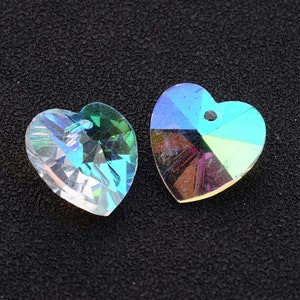 Faceted glass heart shaped bead in clear AB 14 mm set of 2 or 5 beads.   Heart beads, top drill Valentine&#39;s beads