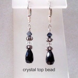 Sterling silver, black onyx teardrop earrings with sterling, crystal or pearl accent beads