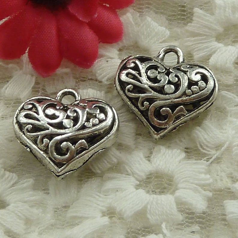 DIY charm Filigree 20mm antique silver 3D Heart charm choose 1 or 2 charms open fancy scroll design silver tone heart charm or pendant