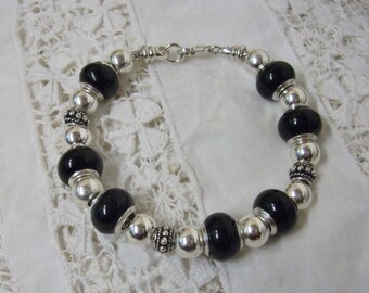 Sterling and black agate European style charm bracelet