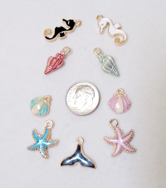 Gold Tone Enamel Beach Charms: Ocean Theme Zinc Alloy Charms (Set of 9)