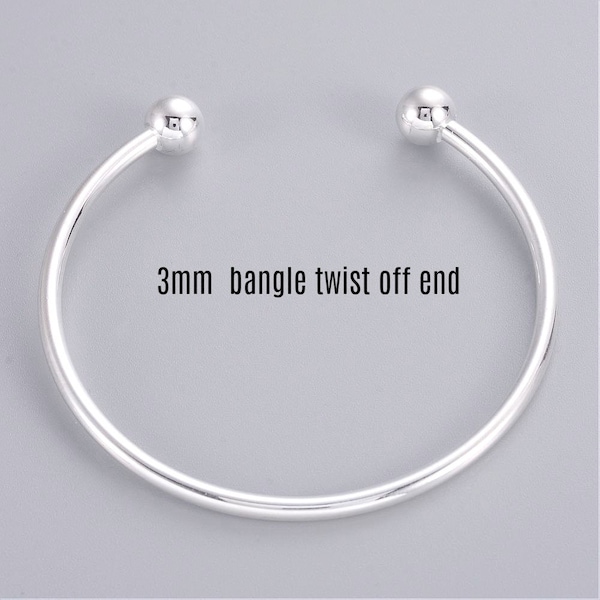 Silver or gold  plated 3mm open flexible bangle bracelet with removable end cap beads to make your own European style jewelry