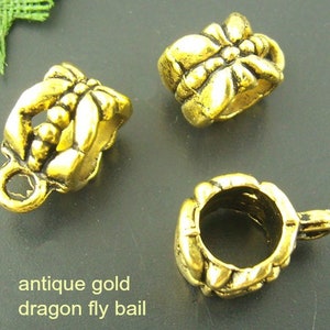 Large hole bails, dragon fly design silver or gold tone alloy, set of 2 or 5 bails, bead or charm hangers, European bail, fit 3 mm chain image 6