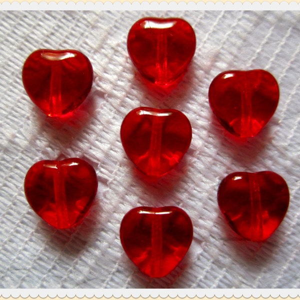 Czech heart shaped bead in ruby red:  6mm, 8mm, or 10mm sizes.  Pack of 10 larger beads or 12 6mm beads DIY jewelry, Valentine's day, heart