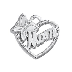 Mother&#39;s Day heart shaped butterfly accented charm has script Mom in silver alloy, choose 1 or 2 charms  DIY charm pendant, DIY jewelry