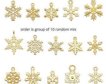 Gold Snowflake Charms, Winter Jewelry DIY, 10 Piece Set