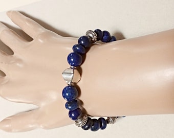 Lapis lazuli and antique sterling silver bracelet 8-10mm bead size