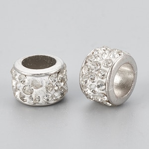 European style large hole pave alloy beads column shaped. Pack of 4 beads. Fits Euro style snake chain, cord or leather up to 5 mm