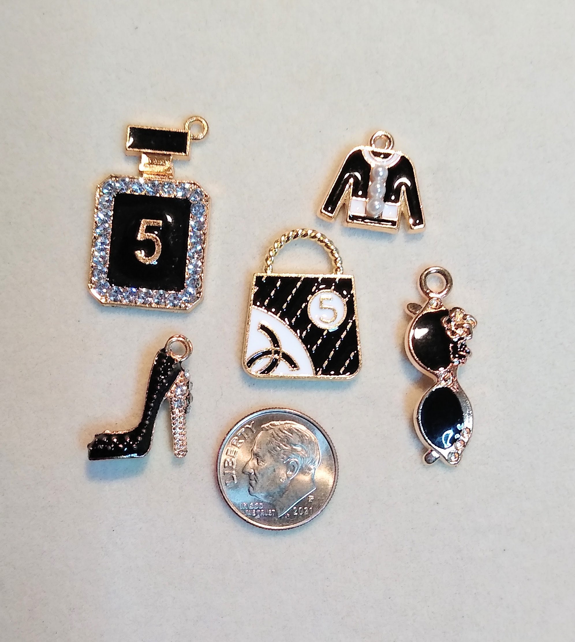 Black and White Enamel and Gold Fashion Charm Group of 5 