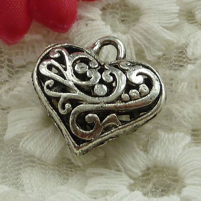 DIY charm Filigree 20mm antique silver 3D Heart charm choose 1 or 2 charms open fancy scroll design silver tone heart charm or pendant