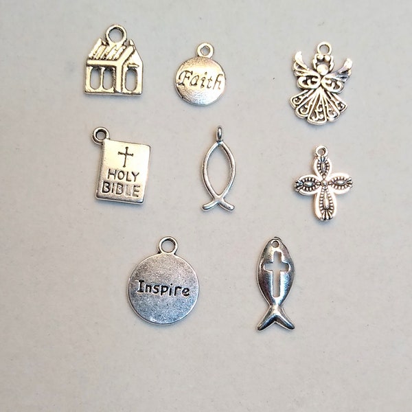 Spiritual charm group 8 charms: church,bible,cross,angel,Christian fish open, Christian fish with cross words"faith" "inspire"