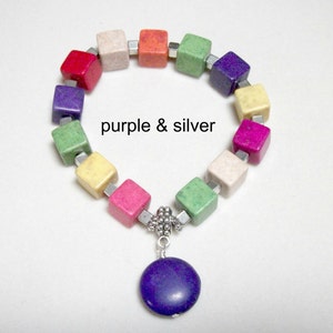 Candy color ceramic cube bead  bracelet purple or magenta charm