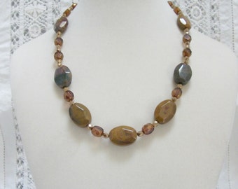 Petrified wood and glass bead necklace