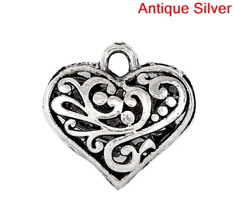 DIY charm Filigree 20mm antique silver 3D Heart charm choose 1 or 2 charms open fancy scroll design silver tone heart charm or pendant