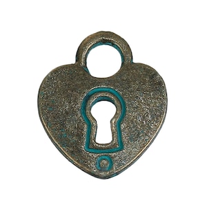 May include: A heart-shaped padlock with a keyhole outlined in teal. The padlock is made of metal and has a distressed, antique finish.