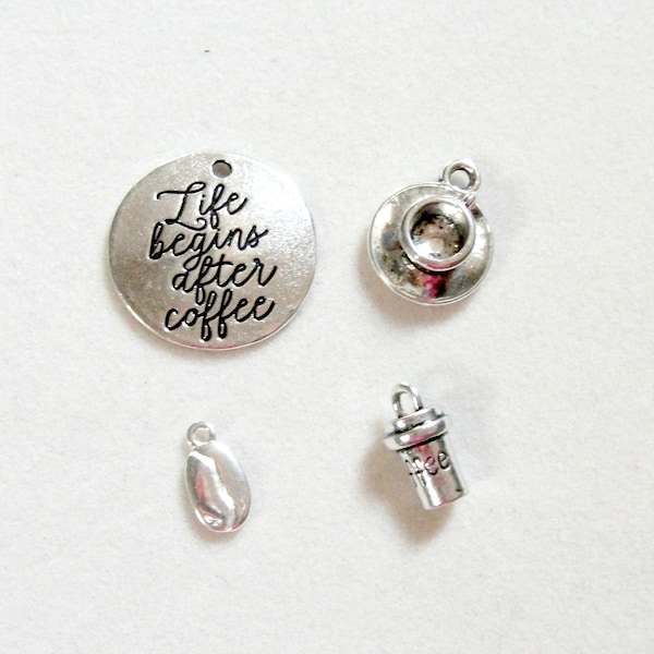 Life begins after coffee zinc alloy  4 charms: Message Life begins after coffee, coffee cup saucer, coffee takeout cup, coffee bean