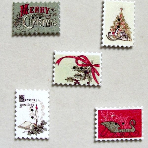 Decorative wooden Christmas buttons shaped like postage stamps set of 5 use for sewing, scrapbooking, favors,decorations, gift tie ons