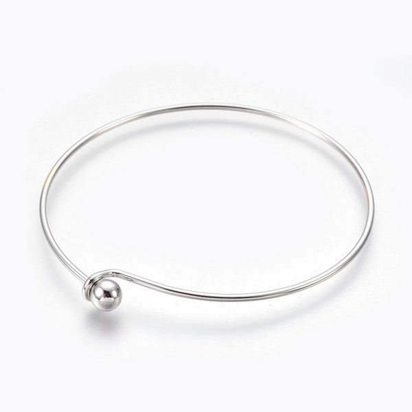 platinum, silver or gold  plated 1.5 mm locking bangle bracelet with removable end cap bead to make your own jewelry