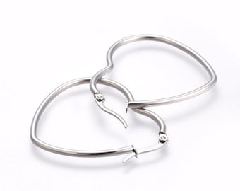 Large Stainless Steel Heart Hoop Earrings 1 3/4 inch: Hypoallergenic Latch Back