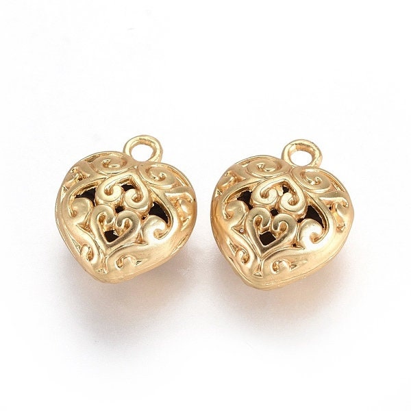 Filigree 16 mm elegant matte gold rounded 3D Heart charms set ot 2  open fancy scroll design heart charm,  DIY charm