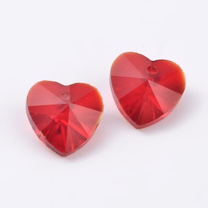 Faceted glass heart bead top drill transparent red choose from 10 mm set of 2 or 5 beads or 14 mm sizes set of 2 beads.   DIY jewelry