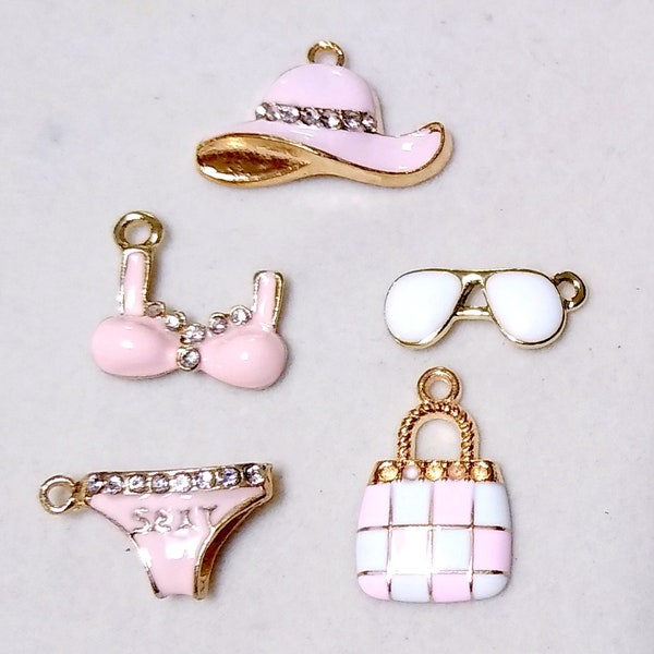 Light pink ladies bikini beach charm set, 5 charms; bikini top and bottom, sun hat, white sunglasses, beach tote DIY charms