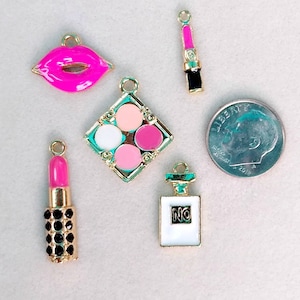 Hot pink lipstick and make up ladies charm set, 5 charms 2 styles of lipstick, hot pink lips,make up compact,perfume bottle, DIY charms