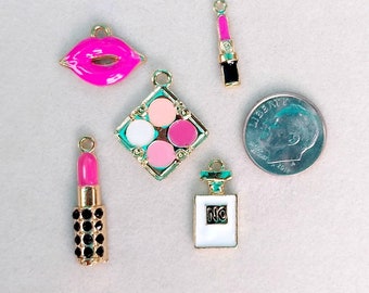 Hot pink lipstick and make up ladies charm set, 5 charms 2 styles of lipstick, hot pink lips,make up compact,perfume bottle, DIY charms