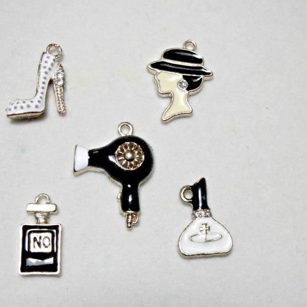 Beauty Theme Charms: Hair Dryer, Perfume, Heel, Lady Silhouette