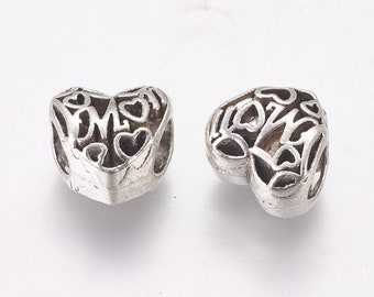 European style large hole antique silver embossed MOM word alloy beads. Group of 2 beads. Fit 3-4 mm Euro style snake chain