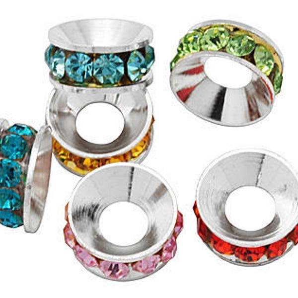 Color rhinestone 10mm spacer rondelles large hole ( 5mm)  pack of 5 spacer beads all same color,