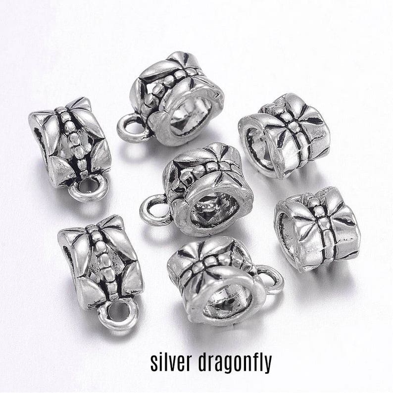 Large hole bails, dragon fly design silver or gold tone alloy, set of 2 or 5 bails, bead or charm hangers, European bail, fit 3 mm chain image 2