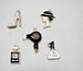 Black and white ladies beauty theme set of 5 charms: hair dryer, lady with hat, perfume bottle, nail polish bottle, stiletto heel 