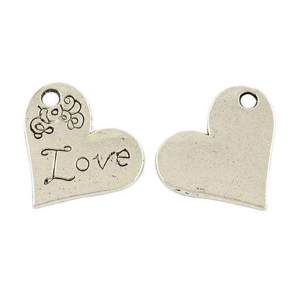 Heart shaped charm with message in script Love or Peace. Set of 2 or 5  Silver alloy DIY charm, DIY jewelry