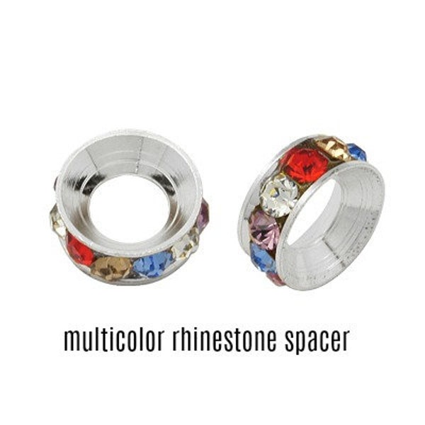 Multi color large hole beads in channel set rhinestone spacer or pave rhinestone clay beads, Euro beads 5 beads per set
