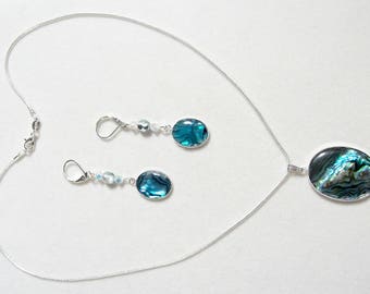 Blue paua shell pendant and earrings set on sterling silver chain and earwires