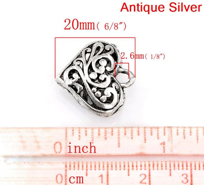 DIY charm Filigree 20mm antique silver 3D Heart charm choose 1 or 2 charms open fancy scroll design silver tone heart charm or pendant