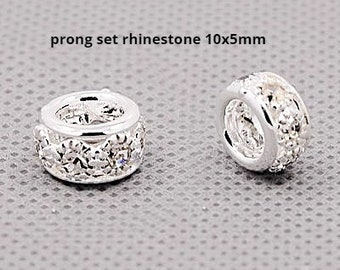 Prong set 10 mm Grade A rhinestone large hole(5mm)silver spacer rondelles choose pack of4 spacer beads DIY jewelry, rhinestone