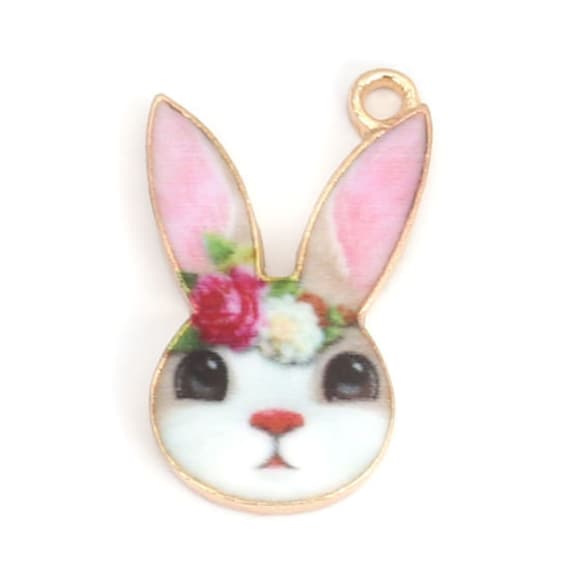 Enamel Bunny Face Charms: Pink Flowers, Gold Alloy (Set of 2)
