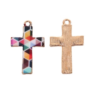 Colorful mosaic enamel cross shaped charm. Set of 2 gold tone alloy DIY charm, DIY jewelry