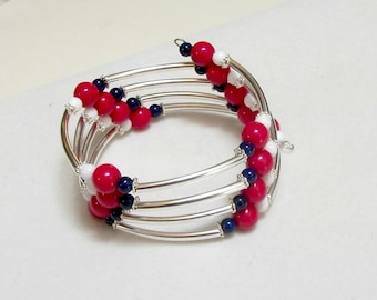 Red White Blue Beaded Memory Wire Bracelet: Patriotic 4th of July
