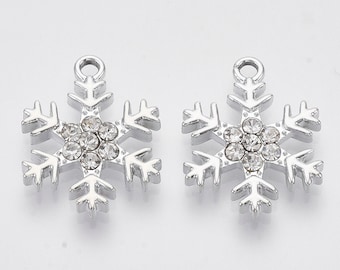 Beautiful rhinestone snowflake charm Christmas, winter theme  platinum or gold finish, choose set of 2 or 4 charms use for jewelry, trinket