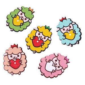 May include: Five wooden sheep buttons with a heart design. The sheep are in different colors: green, yellow, blue, pink, and brown. Each sheep has a crown on its head.