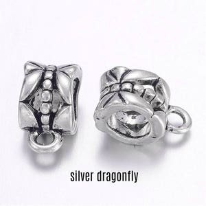 Large hole bails, dragon fly design silver or gold tone alloy, set of 2 or 5 bails, bead or charm hangers, European bail, fit 3 mm chain image 1