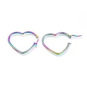 Medium size 1 1/2 inch heart shaped rainbow anodized finish stainless latch top earring pair