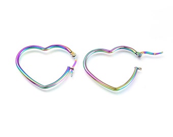 Rainbow Anodized Heart Hoop Earrings Medium 1 1/4 inch: Hypoallergenic Stainless Steel